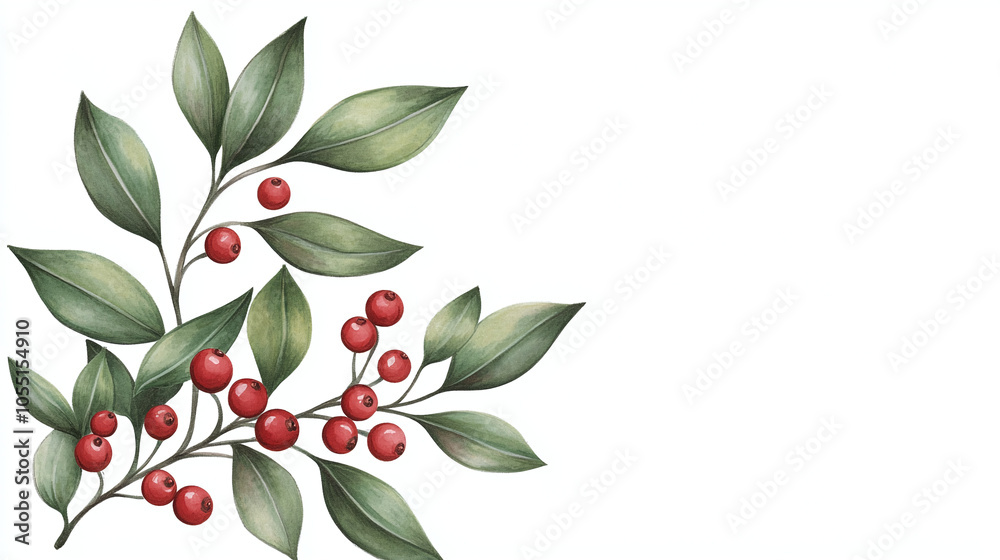 Watercolor Painting of Red Berries and Green Leaves Watercolor Painting of Red Berries and Green Leaves