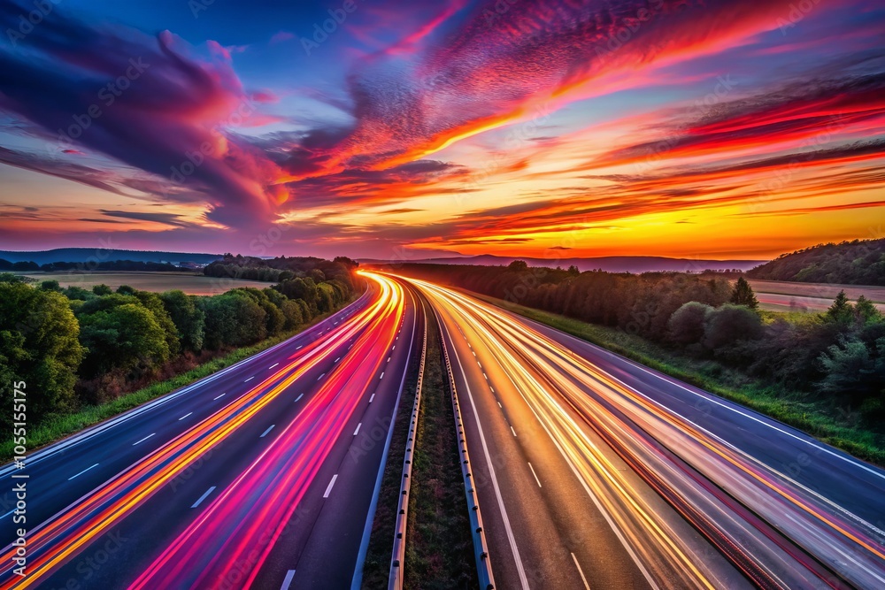 Breathtaking minimalist long-exposure highway sunset featuring vibrant light trails and a striking sky, perfect for stock photography showcasing nature's beauty and dynamic movement. Breathtaking minimalist long-exposure highway sunset featuring vibrant light trails and a striking sky, perfect for stock photography showcasing nature's beauty and dynamic movement.