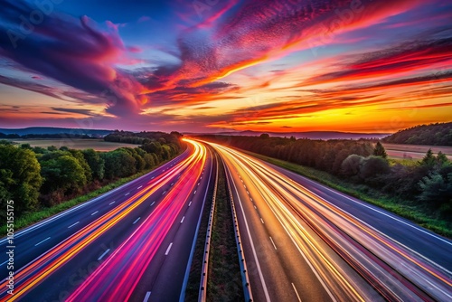 Breathtaking minimalist long-exposure highway sunset featuring vibrant light trails and a striking sky, perfect for stock photography showcasing nature's beauty and dynamic movement.