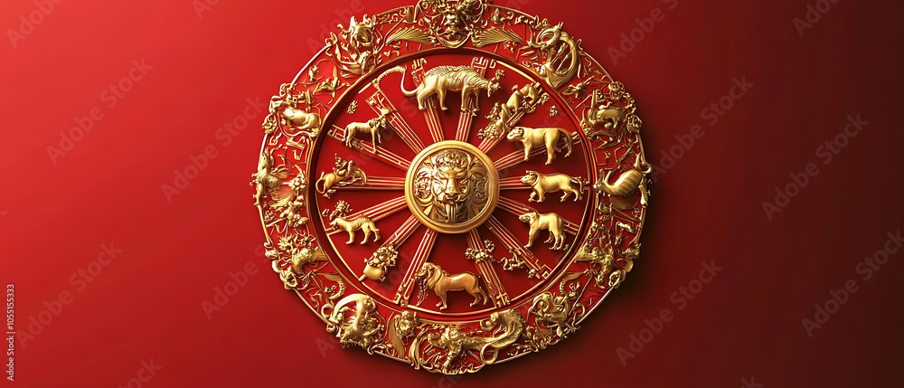 Obraz premium Intricate design of the traditional chinese zodiac wheel a golden symbol of cultural heritage and astrological beliefs in eastern philosophy