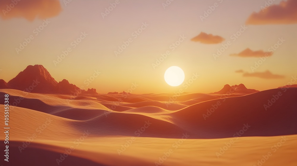Obraz premium Sweeping Desert Dunes at Dazzling Sunset 3D Landscape with Detailed Sand Textures and Glowing Skies
