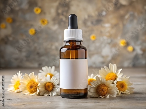 Amber glass dropper bottle with blank white label on mockup background