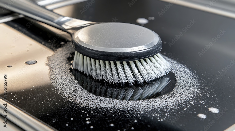 Cleaning Brush on Glossy Surface with Soap Suds Cleaning Brush on Glossy Surface with Soap Suds