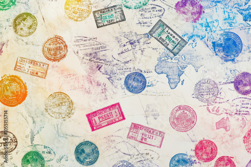 World travel concept with colorful passport stamps on map background for adventure enthusiasts