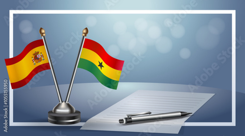 Spain and Ghana Small national flag on bokeh background, cooperative relationship