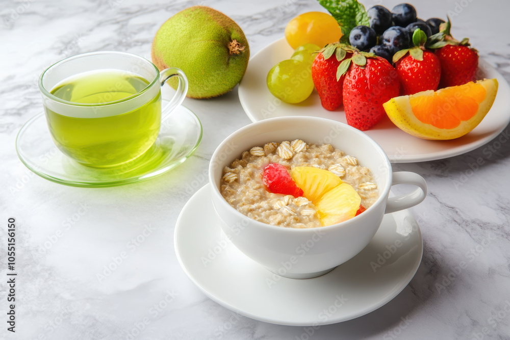 Healthy breakfast with oatmeal, green tea, and fresh fruits on marble table Healthy breakfast with oatmeal, green tea, and fresh fruits on marble table