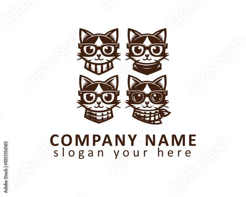 Logo of a cat wearing glasses and a scarf, suitable for a trendy and modern company