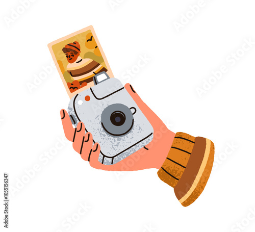 Instant camera in hand, printing captured photograph. Retro-style device with snapshot, picture. Taking photo for memory. Photography hobby. Flat vector illustration isolated on white background