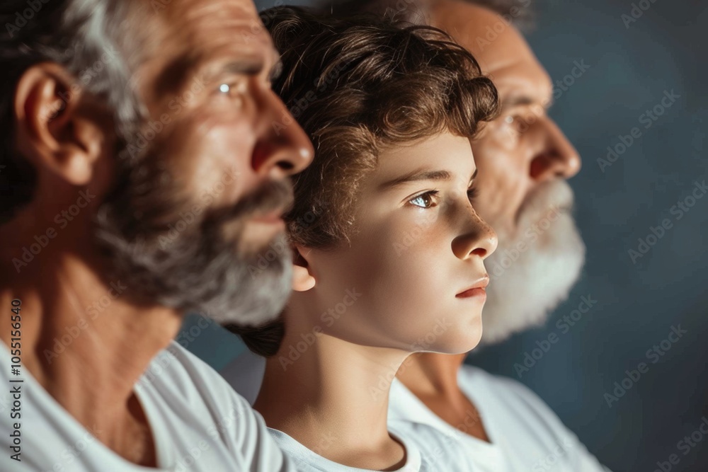 Three generations of men in profile, showcasing a boy with his father and grandfather, highlighting family connections Three generations of men in profile, showcasing a boy with his father and grandfather, highlighting family connections