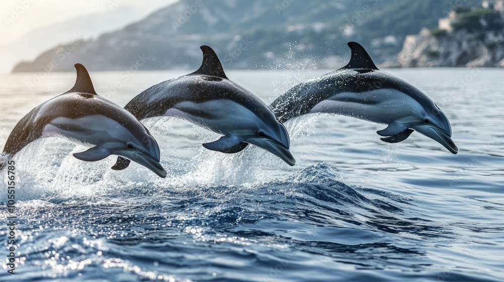 Fototapeta premium Three Dolphins Leaping in the Blue Sea