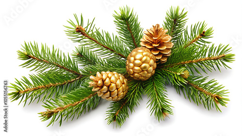 Christmas tree branch and golden cones isolated on white transparent, Xmas spruce, green fir pine twig