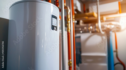 modern water heater with digital thermostat, set for winter, is prominently displayed in utility room. sleek design complements industrial setting photo