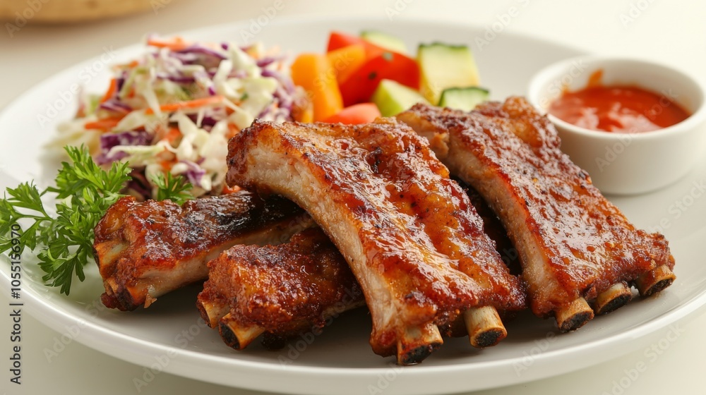Delicious Barbecue Ribs with Fresh Vegetables and Salad Delicious Barbecue Ribs with Fresh Vegetables and Salad