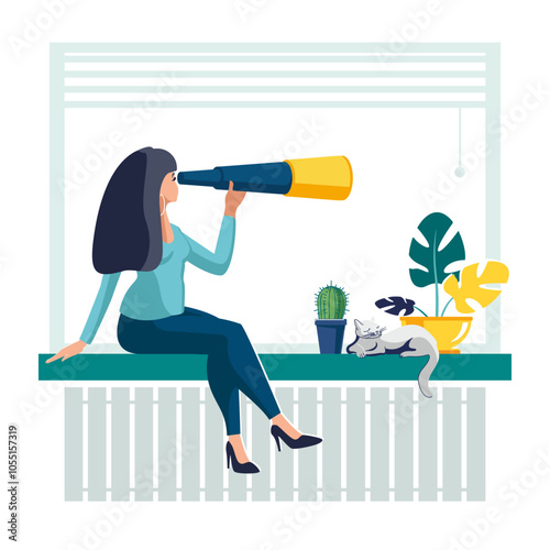 People are under home quarantine. Active recreation, work. The girl sits on the window and looks through binoculars. Coworking concept illustration.Home comfort, cat, cactus, flower.Vector, flat style