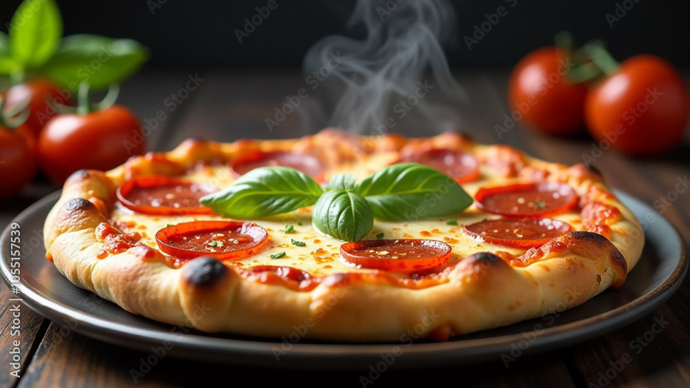 freshly baked hot steamed italian pizza with mozzarella, tomato and basil, close-up, pizzeria, Pizza Margherita freshly baked hot steamed italian pizza with mozzarella, tomato and basil, close-up, pizzeria, Pizza Margherita