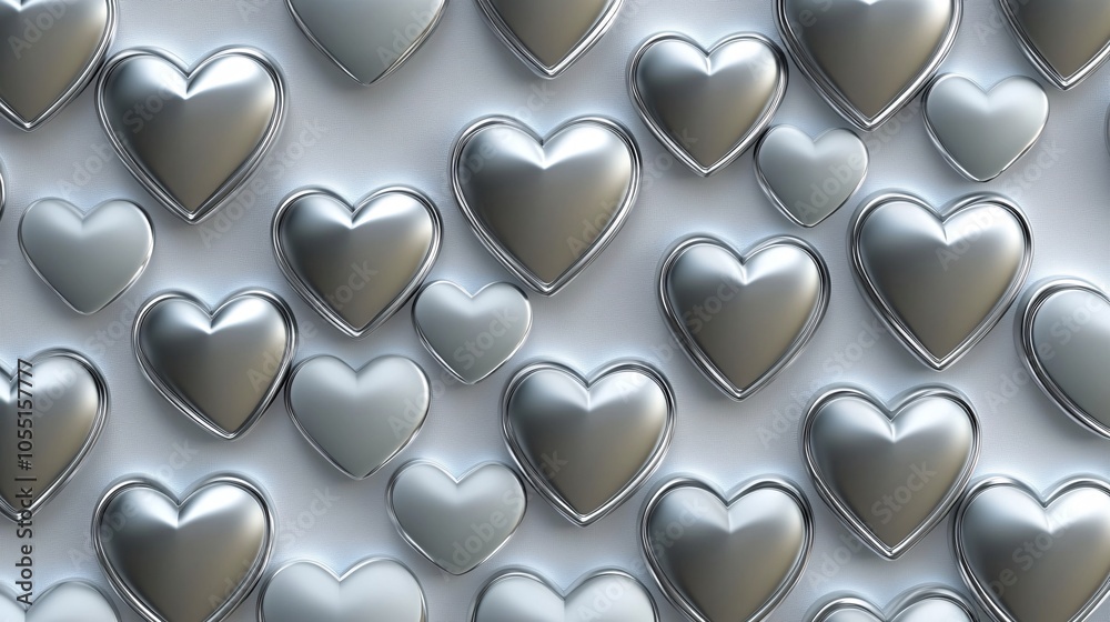 2410 72.A detailed seamless pattern of silver hearts, with a subtle 3D effect that gives the design a metallic, reflective quality. The hearts are evenly spaced and arranged in a grid-like pattern, 2410 72.A detailed seamless pattern of silver hearts, with a subtle 3D effect that gives the design a metallic, reflective quality. The hearts are evenly spaced and arranged in a grid-like pattern,