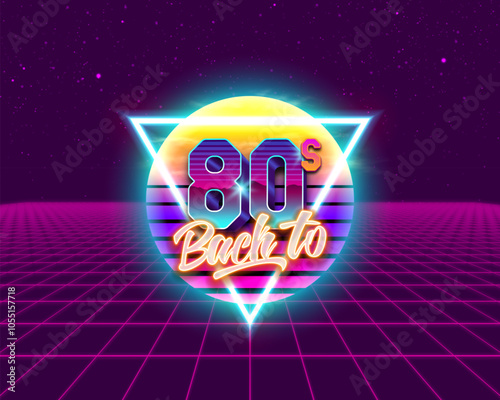 Back to the 80's retro neon poster. Futuristic concept for vintage banner or cover. Vector illustration.