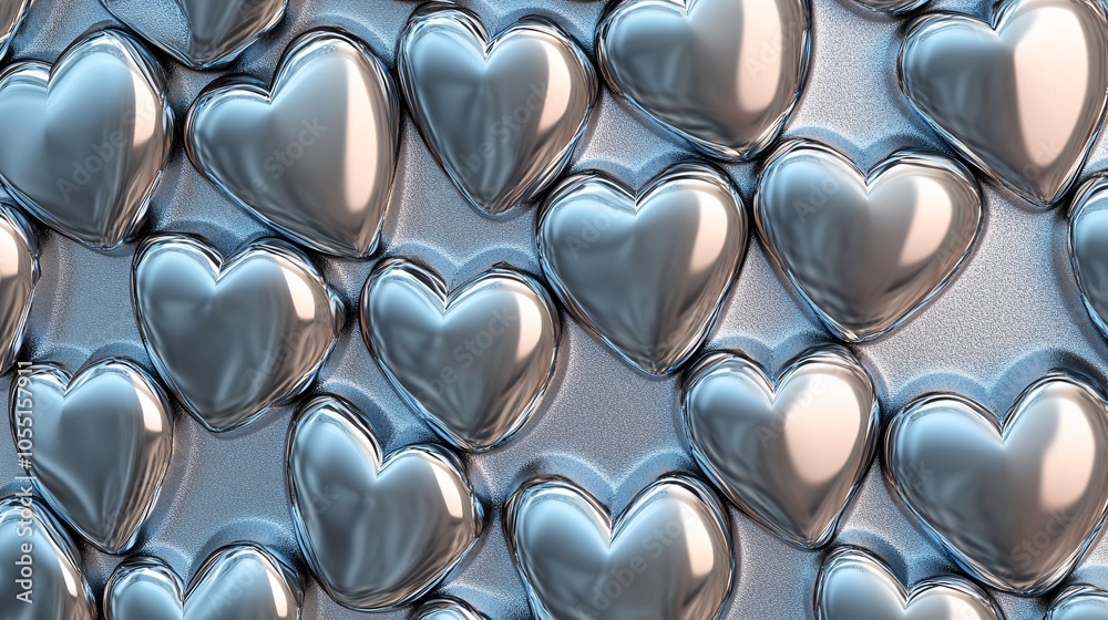 2410 72.A detailed seamless pattern of silver hearts, with a subtle 3D effect that gives the design a metallic, reflective quality. The hearts are evenly spaced and arranged in a grid-like pattern, 2410 72.A detailed seamless pattern of silver hearts, with a subtle 3D effect that gives the design a metallic, reflective quality. The hearts are evenly spaced and arranged in a grid-like pattern,