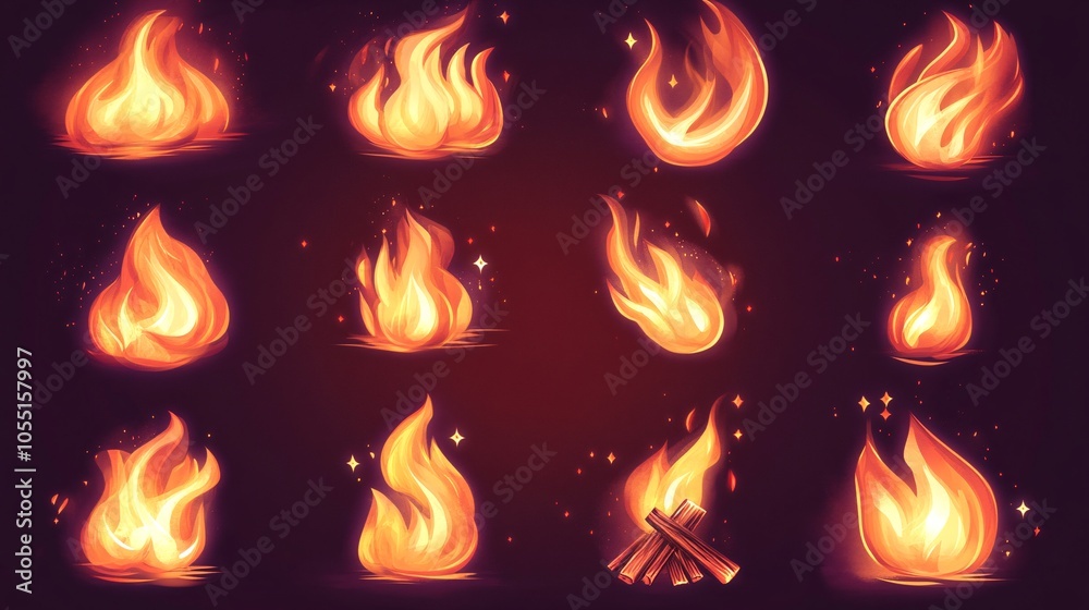 2410 112.A detailed set of fire flame icons, featuring various sizes and intensities. The vector illustrations include campfires, bonfires, and single flames, each designed with smooth gradients and