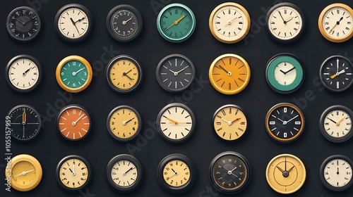 2410 32.A detailed set of clock icons, featuring both analog and digital styles. The analog clocks show various times with clear hour, minute, and second hands, while the digital clocks display