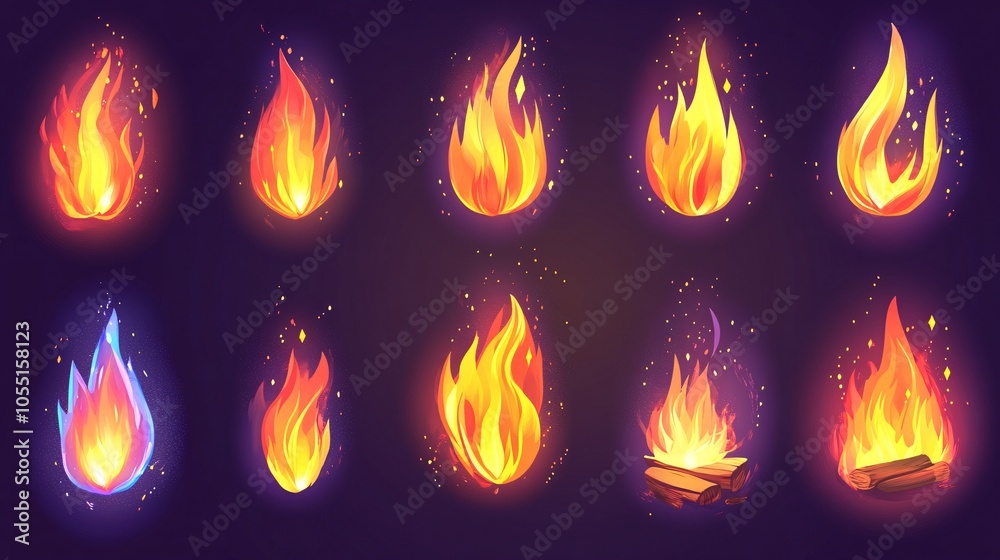 2410 115.A detailed set of fire flame illustrations, with multiple types of flames rendered in a clean vector style. The icons include campfires and individual flame symbols, each with a realistic 2410 115.A detailed set of fire flame illustrations, with multiple types of flames rendered in a clean vector style. The icons include campfires and individual flame symbols, each with a realistic