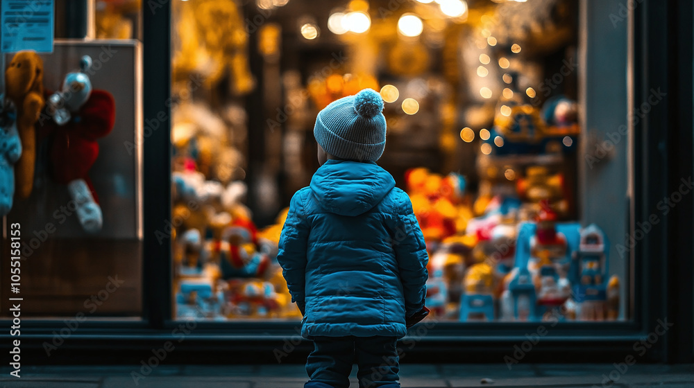 Little boy standing outside looking at toy store on New Year's Eve Little boy standing outside looking at toy store on New Year's Eve