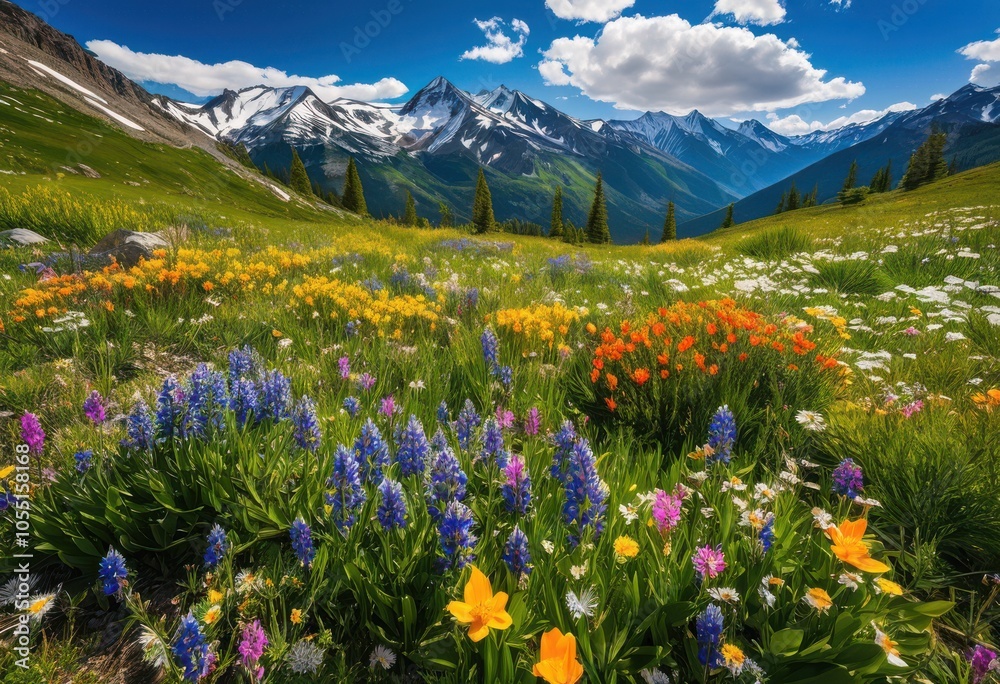 Obraz premium vibrant seasonal flora showcased dramatic mountain landscape under vivid blue sky fluffy clouds, nature, plants, trees, rock, greenery, sunset, spring