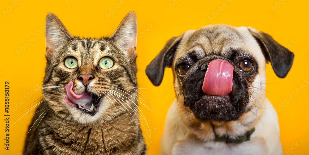 A striped cat and a pug dog with pink tongues on a yellow background. Isolate