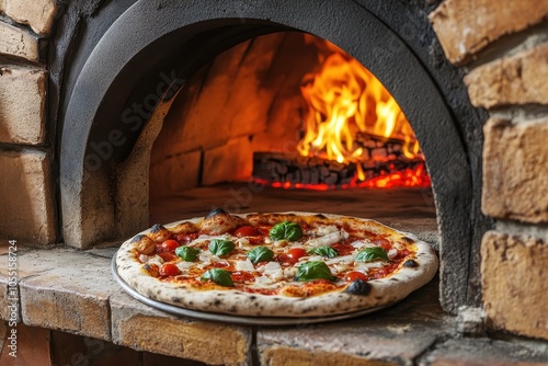 pizza ready to be bake into an italian brick wall oven
