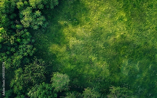 Top view dendritic fresh background. Mowed lawn, cut grass in the park. Botanical drone shot, copy space. Lush nature poster with bushes, trees, harsh shadows, sunlight. Green field, birds eye view.