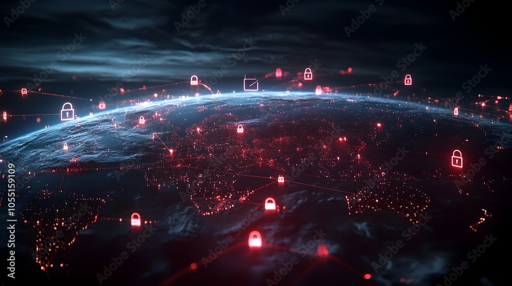 Fototapeta premium Global Interconnected Cybersecurity Network with Glowing Padlock Icons Protecting Digital