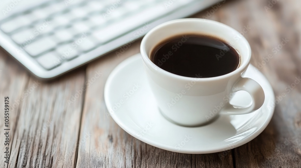 Cozy Coffee Cup on Wooden Table with Keyboard Background Cozy Coffee Cup on Wooden Table with Keyboard Background