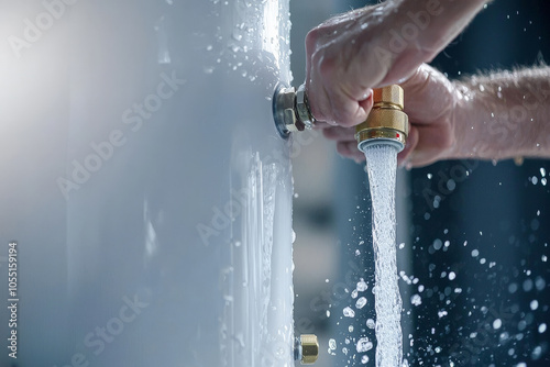 Water heater sediment flush procedure showing water flow from valve