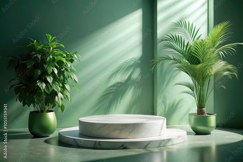 Elegant Light Marble Podium for Product Display with Indoor Plant in Calming Pale Green Setting - Perfect for Food and Cosmetics Photography Elegant Light Marble Podium for Product Display with Indoor Plant in Calming Pale Green Setting - Perfect for Food and Cosmetics Photography
