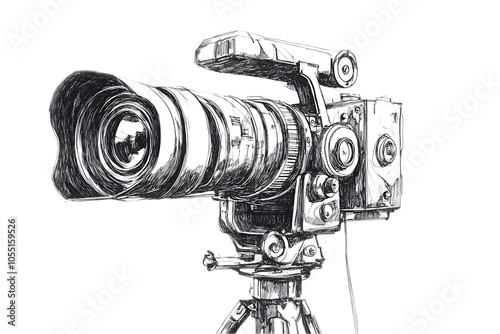 A hand-drawn illustration of a professional video camera on a tripod.