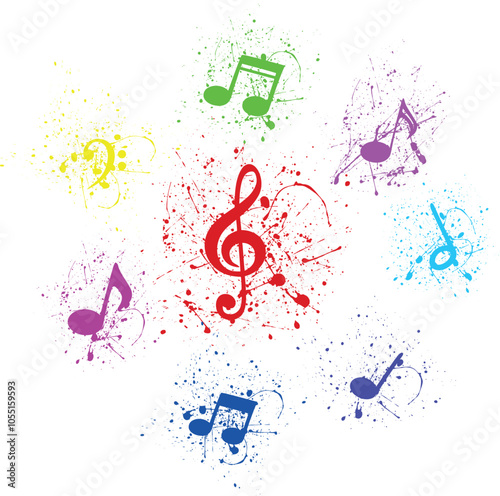 Multicolored musical notes in splashes of paint