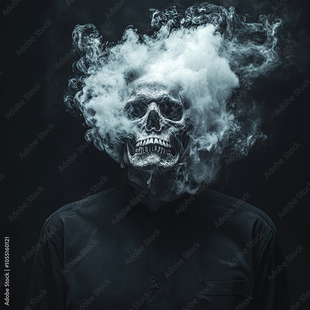 A man in a black shirt with smoke coming out of his head, a skull is seen inside the cloud, minimalist photography, dark background A man in a black shirt with smoke coming out of his head, a skull is seen inside the cloud, minimalist photography, dark background