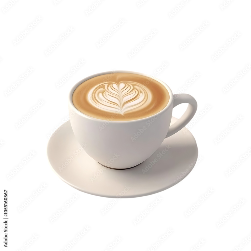 A cup of latte with a heart-shaped design in the foam on a white saucer. A cup of latte with a heart-shaped design in the foam on a white saucer.