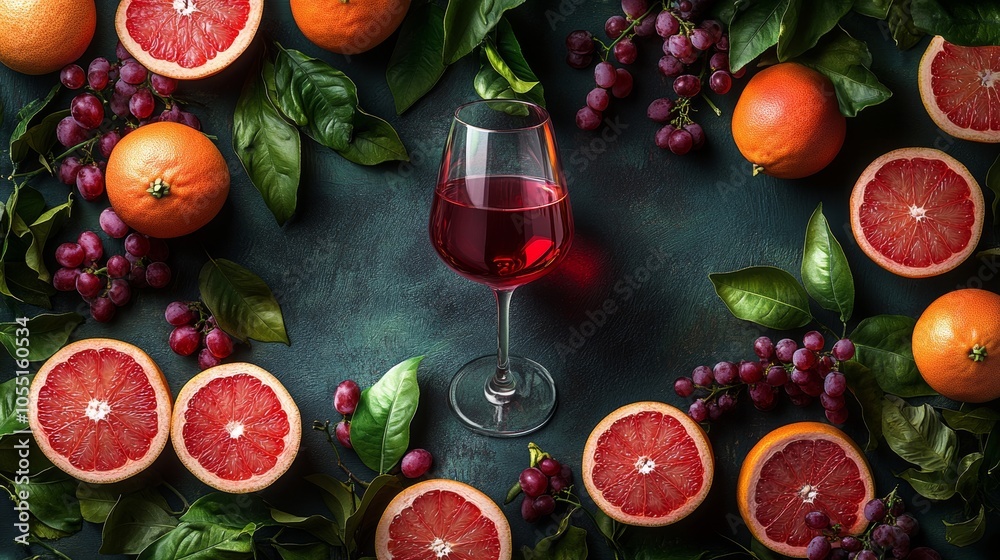 Grapefruit wine glass surrounded by cut grapefruit, deep red hues and intricate textures, sophisticated and refreshing, highlighting nature's elegance, fruit textures, elegant refreshment Grapefruit wine glass surrounded by cut grapefruit, deep red hues and intricate textures, sophisticated and refreshing, highlighting nature's elegance, fruit textures, elegant refreshment