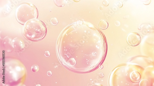 2410 29.Transparent hyaluronic acid bubbles float gently in a clear serum, depicted in a highly detailed vector illustration. The bubbles glisten with light, creating a sense of moisture and skincare