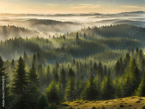 Sunlight illuminates tall pines on lush hills, mist lingering in the tranquil morning photo