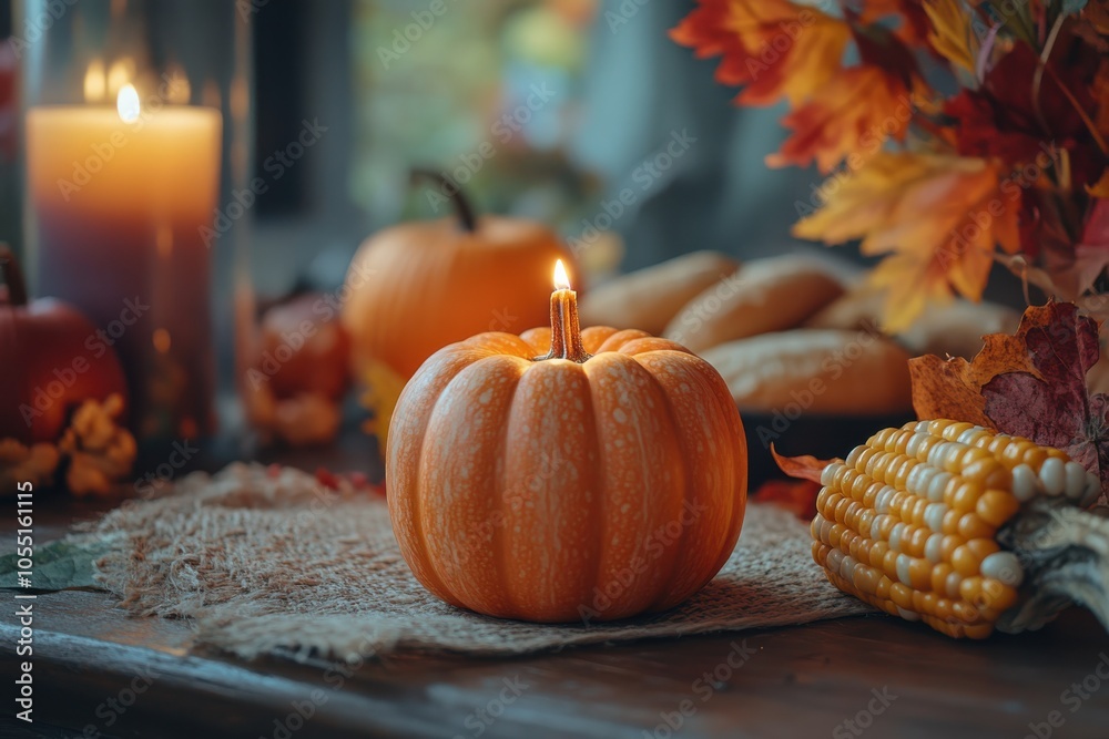 Autumn table setting with pumpkin and candle creating cozy ambiance Autumn table setting with pumpkin and candle creating cozy ambiance