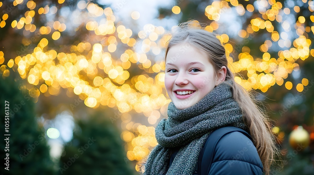 Smiling young woman with scarf in front of festive lights during the holiday season. Smiling young woman with scarf in front of festive lights during the holiday season.