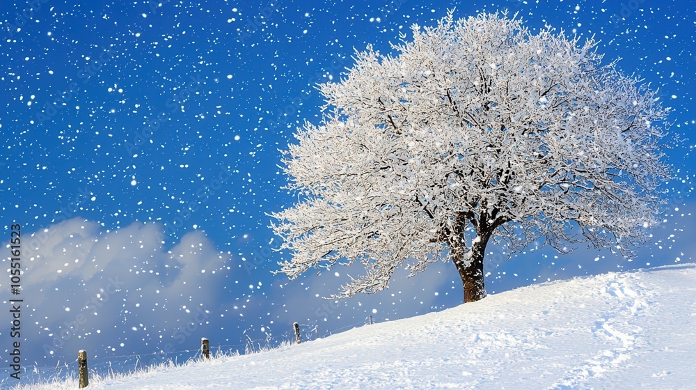 A serene winter landscape featuring a snow-covered tree under a bright blue sky, creating a peaceful and magical atmosphere. A serene winter landscape featuring a snow-covered tree under a bright blue sky, creating a peaceful and magical atmosphere.