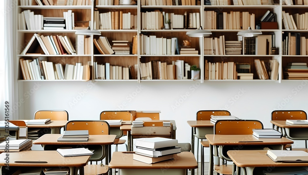 a classroom with desks and books a classroom with desks and books