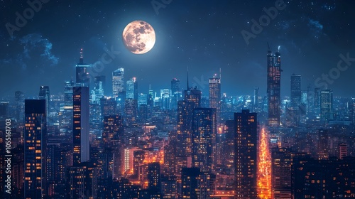 Detailed 3D visualization of a stunning city skyline at night featuring glowing skyscrapers streetlights and a full moon in the sky creating a captivating urban atmosphere and futuristic ambiance photo