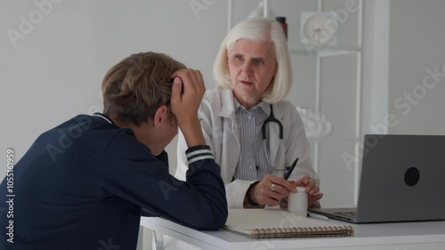 Mature female doctor in office during appointment with teenage patient boy explaining the treatment. Therapy session, psychologist giving good advice, supporting teenager little school boy 