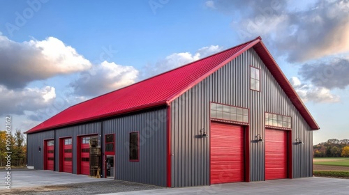 Modern Metal Barn with Red Roof: A sleek, modern barn with a striking red roof, showcasing contemporary architectural design and a blend of functionality and aesthetics.