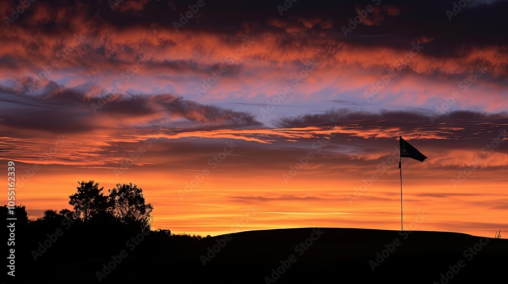 Fototapeta premium Silhouette of a lone golf flag against a dramatic sunset sky