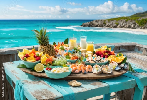 vibrant colorful seaside food platter surrounded crystal clear tranquil waves upbeat coastal vibes, seafood, shellfish, shrimp, crab, citrus, salad